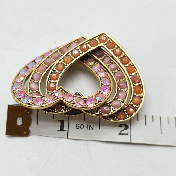 Vintage Liz Claiborne Gold Tone Interlocking Heart Brooch With Pink Rhinestones - Picture 5 of 6